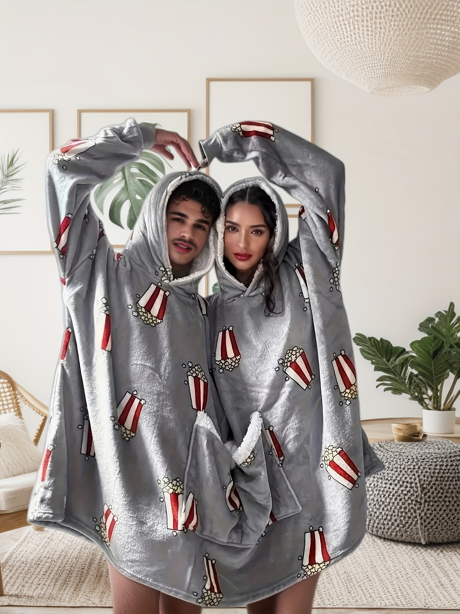 plus size cuddle romantic couples flannel pajamas popcorn Temu