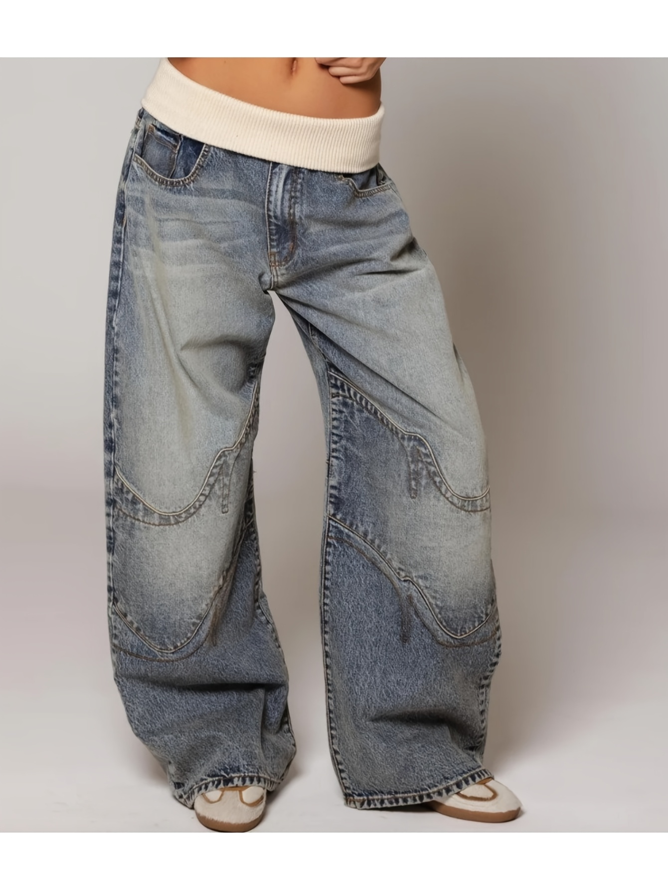 y2k fold over waist jeans vintage streetwear denim pants washed blue wide leg trousers for a   look