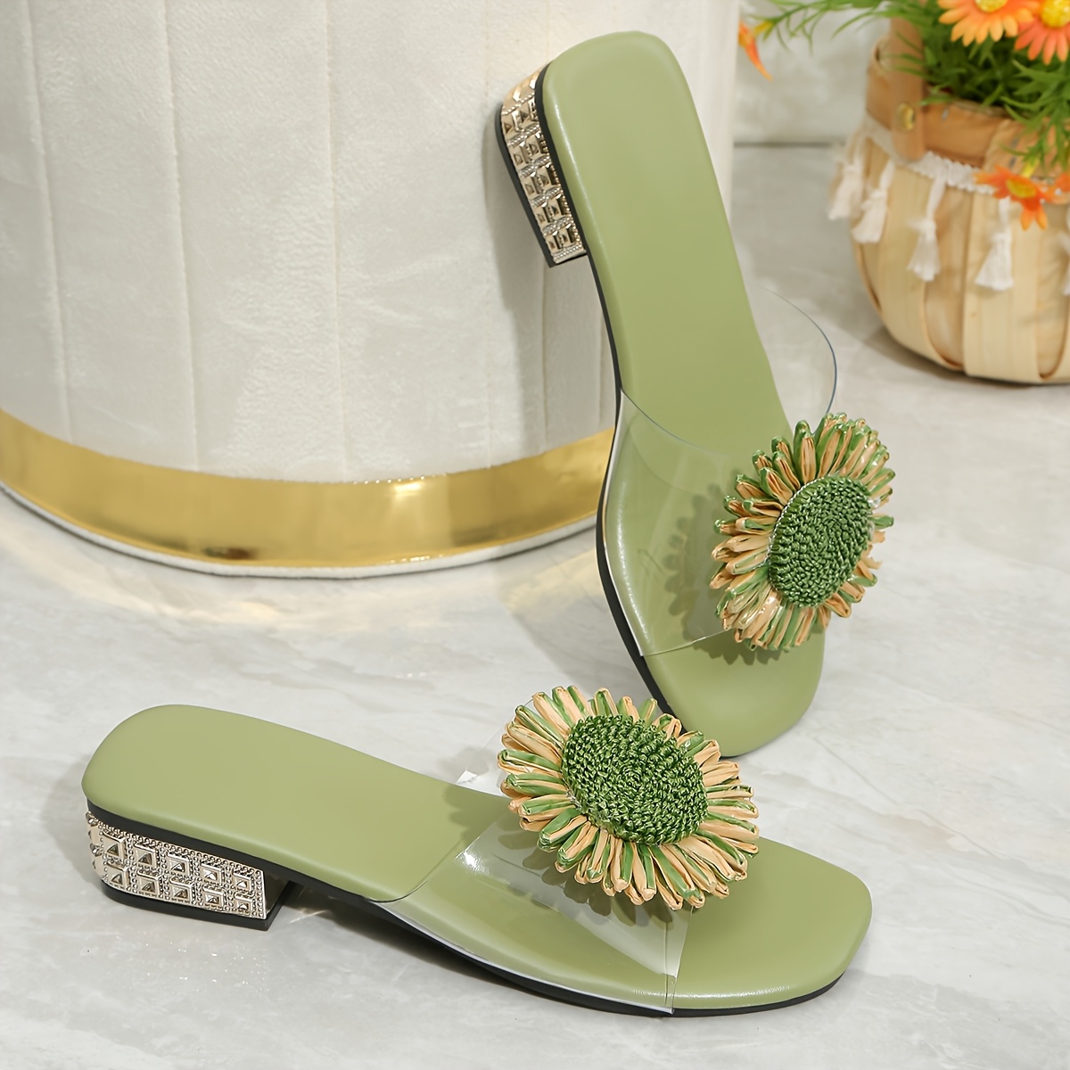 TEMU 2026 New Sunflower Slippers - Floral Slippers - Transparent Toe-post Slides - Low Heel Slippers, Summer Beach Slides - Vacation Slides - Casual