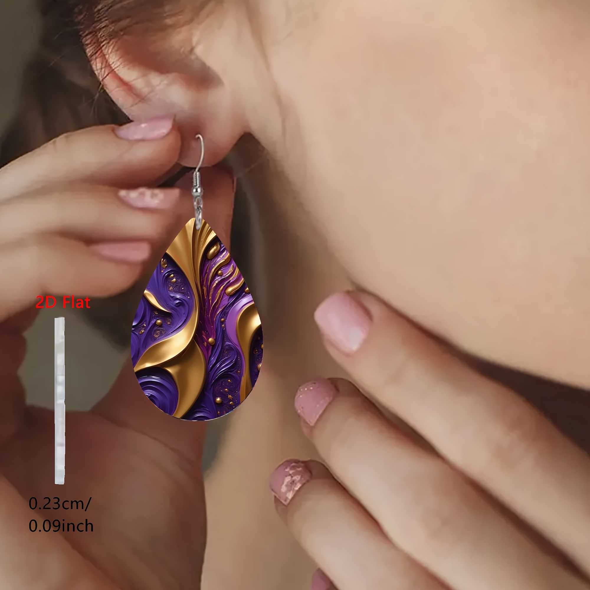 TEMU 2D Plat, 1 Paire de Boucles d'Oreilles Élégantes de Abstraite - Design Mouvement Fluide Violet Foncé & Doré, Crochets Percage pour Tous , et