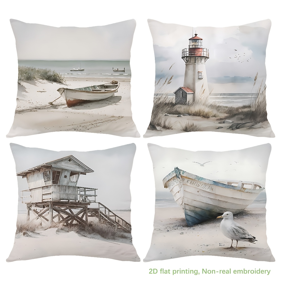 TEMU 4pcs 2d Flat Printing, White Beach Wooden Boat Cottage Lighthouse Seagull Pattern Pillowcases, Single-sided Print, Pillowcase Suitable For Home