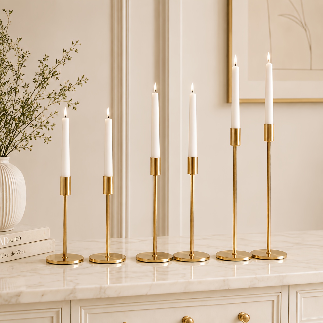 Image of 6pcs Golden Candlestick Holders, Taper Candle Stick Holders For Table Centerpiece, Tall Holders With Stable Round Base For Wedding, Dining Table, Mantel, Party, Christmas Home Decor