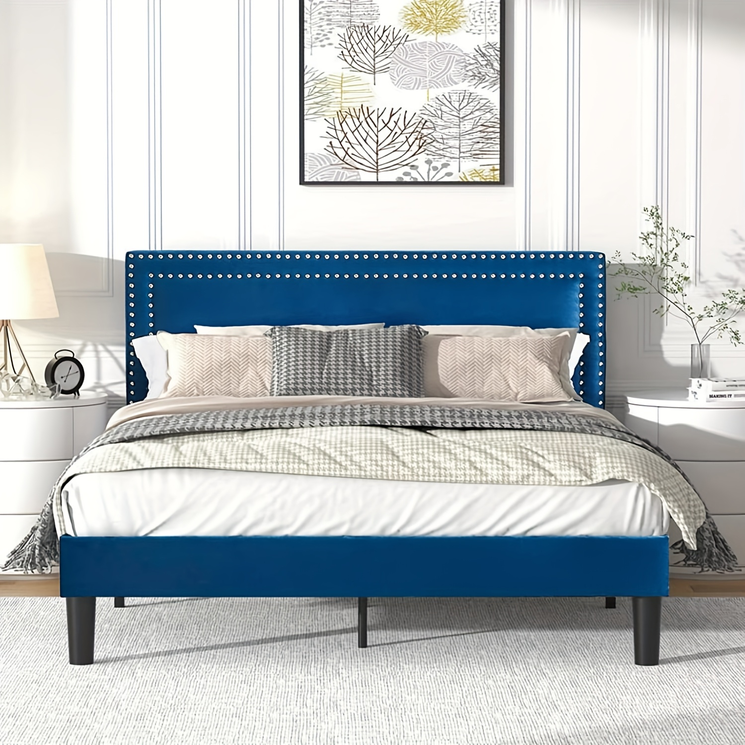 

1pc Contemporary Full Size Platform Bed Frame With Adjustable Height, Upholstered Headboard, Memory Foam Mattress Foundation, Slat Support, Easy , Spring Required, Vecelo