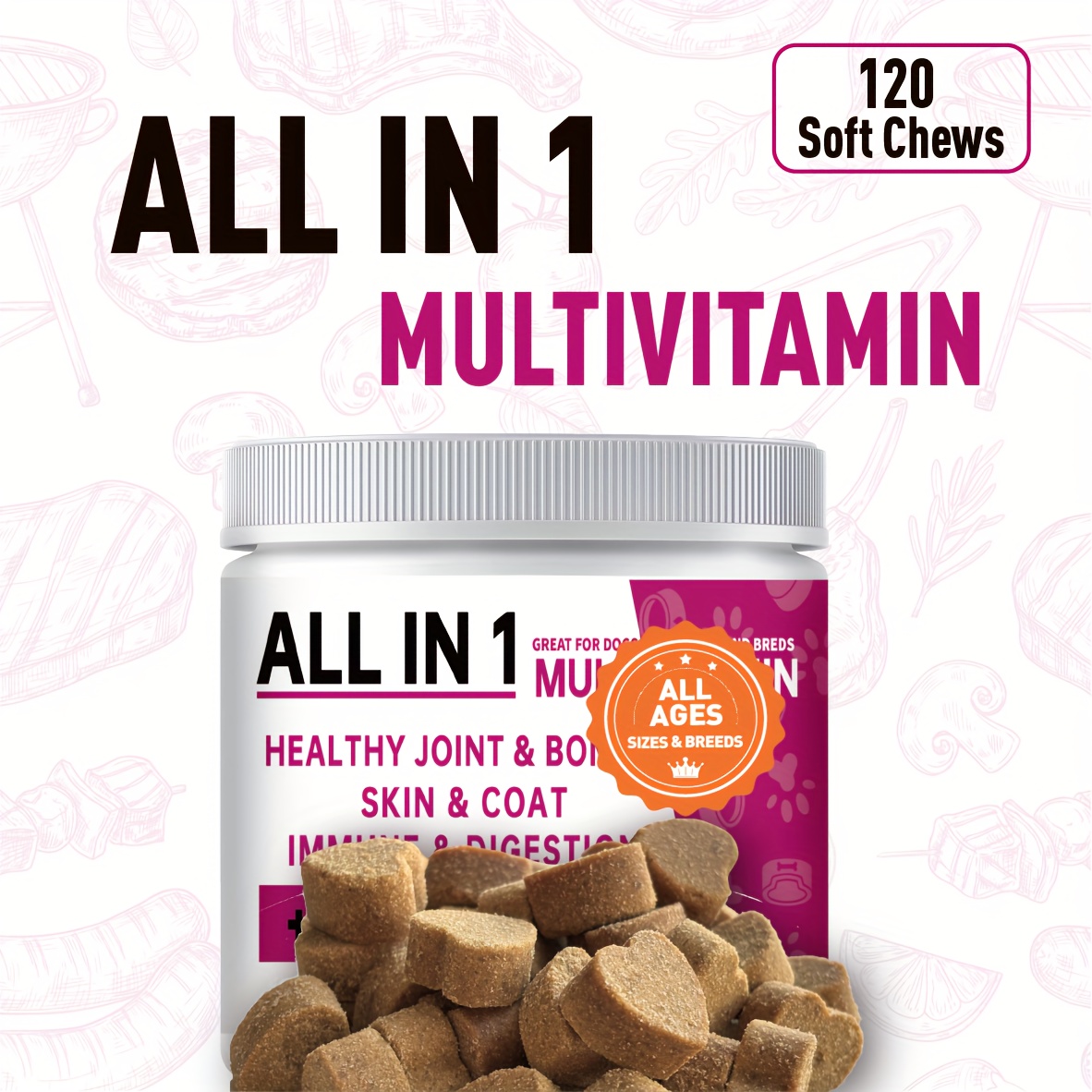 TEMU Multivitamins For Dogs, Digestive Health, Joint, Hip, Skin And With Probiotics, Enzymes, Dog Supplement 120 Chews