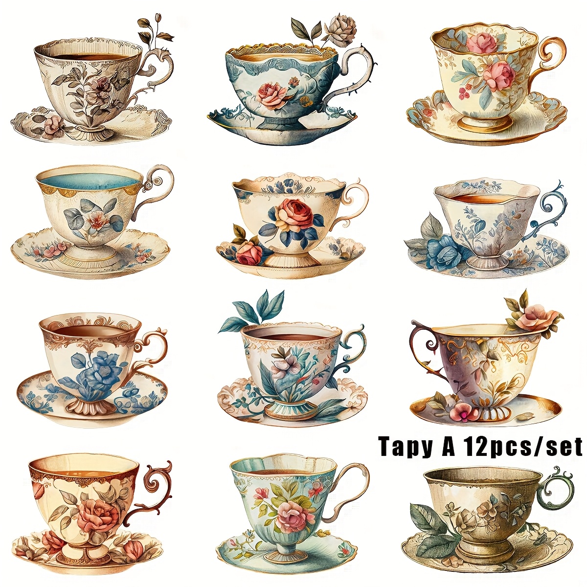 TEMU A Pack Of Handmade Creative Vintage Flower And Teacup Series 2d Flat Stickers, Suitable For Garbage Diary Notebooks, Scrapbooks, Hand (handmade