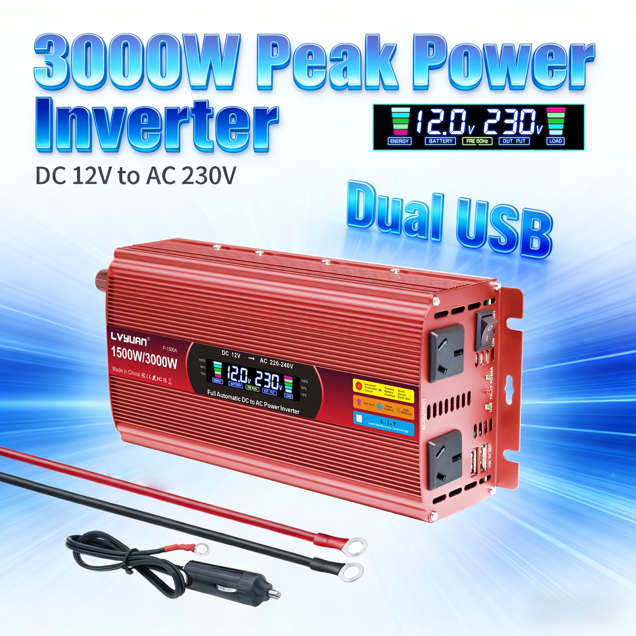 TEMU Lvyuan 1500w/3000w () Car Inverter Power Converter 12v To 220v To Ac, With 2 Au Sockets, Dual Usb Ports, And Lcd Display. Car Power Inverter,