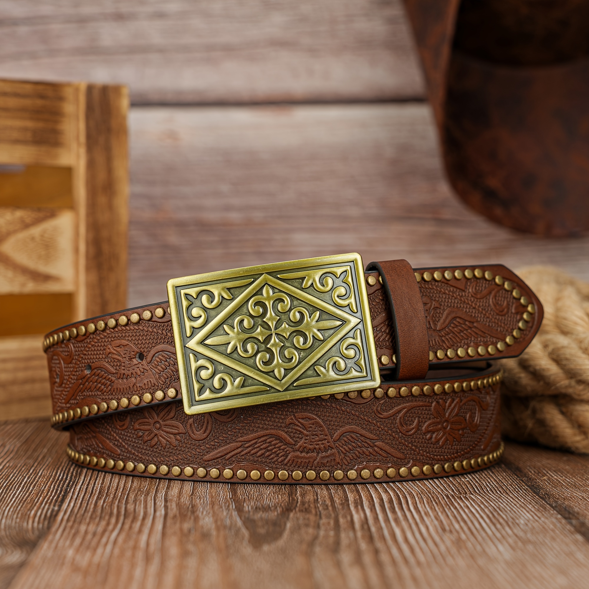 Men's Belt with Unique Square Cross & Eagle Feather Buckle