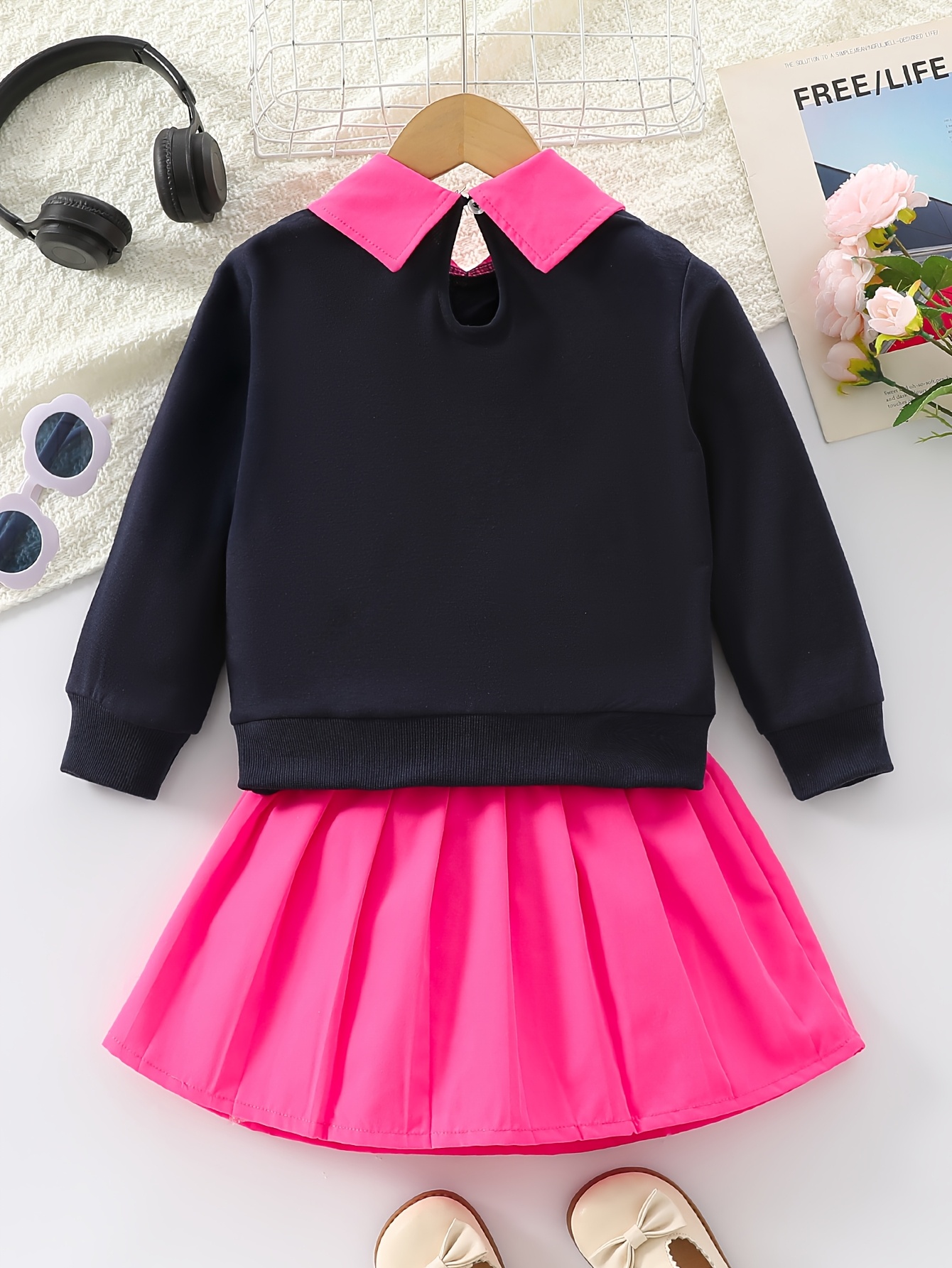 Two-piece Set for Girls: Fashionable Letter Random Print with Turnover Collar Regular Long Sleeve Top + Pleated Edge Solid Color Regular Short Skirt Length and Thigh Spring and Autumn Casual Half Skirt Set