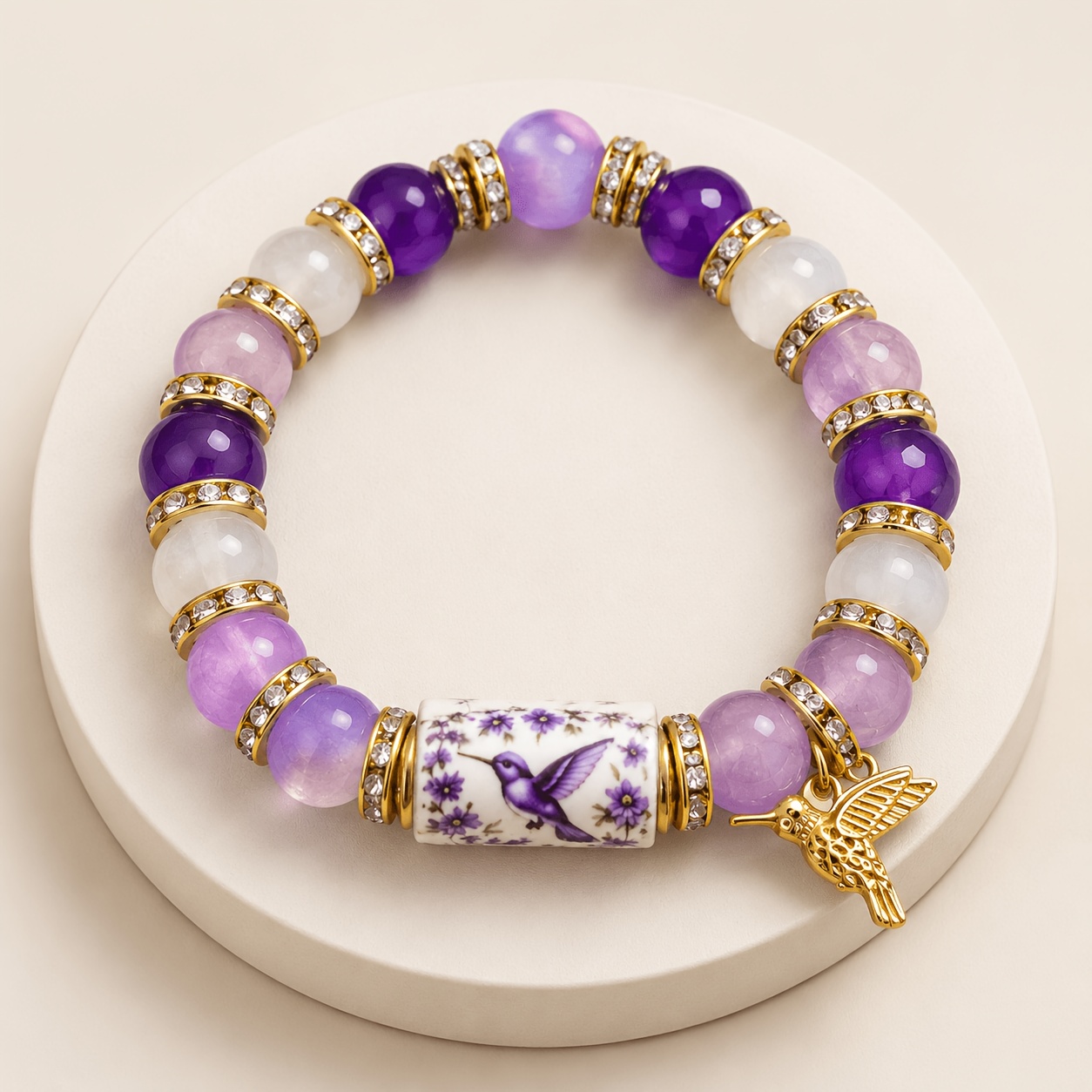 TEMU [box Not Included] Purple Hummingbird Beaded Elastic Bracelet - Suitable As A Gift For Mothers, Daughters, Sisters, , Or As A Wedding