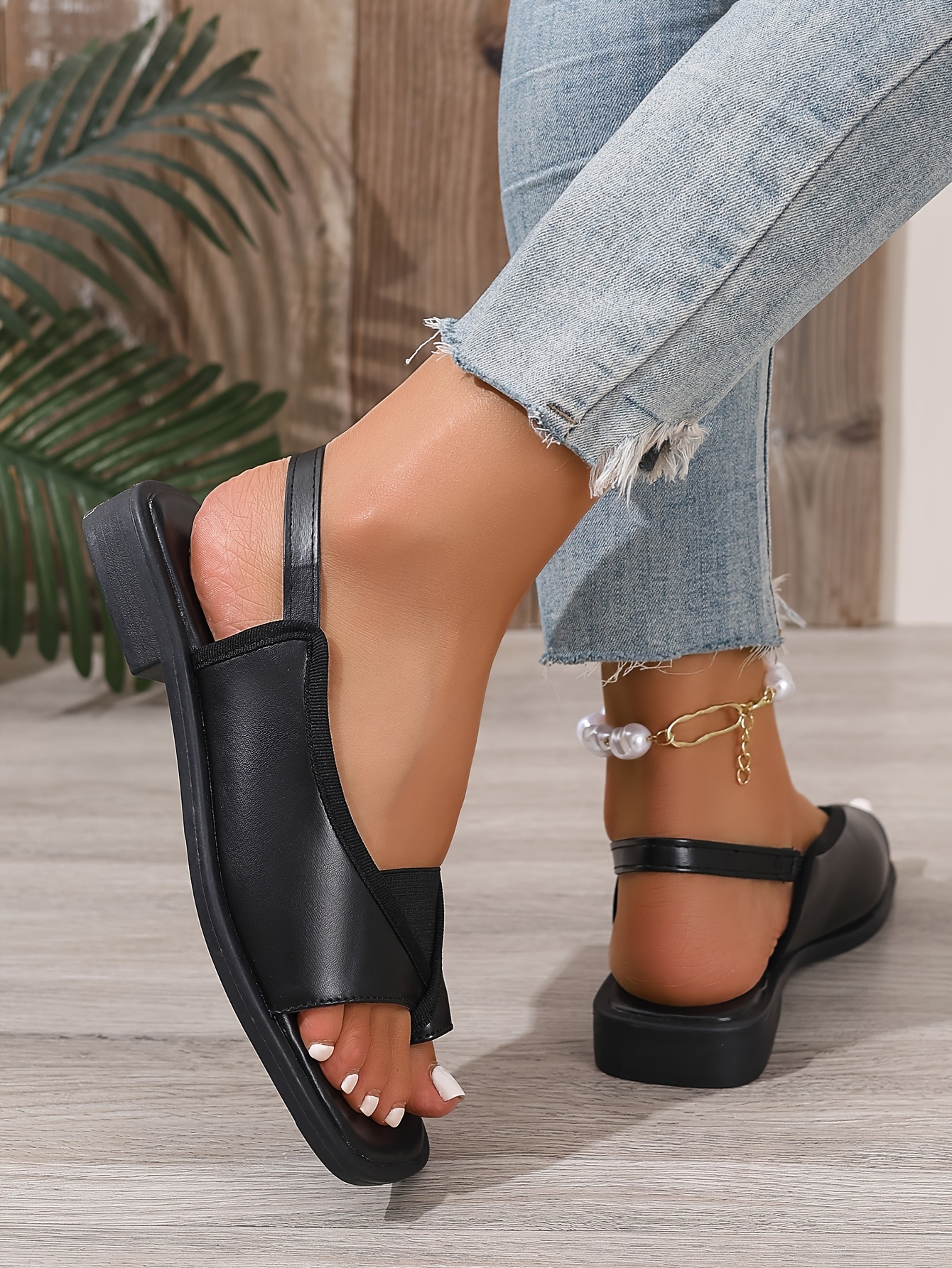 womens square toe flat slip on elastic sandals solid color open toe summer sandals casual outdoor and indoor sandals women shoes Product details 6