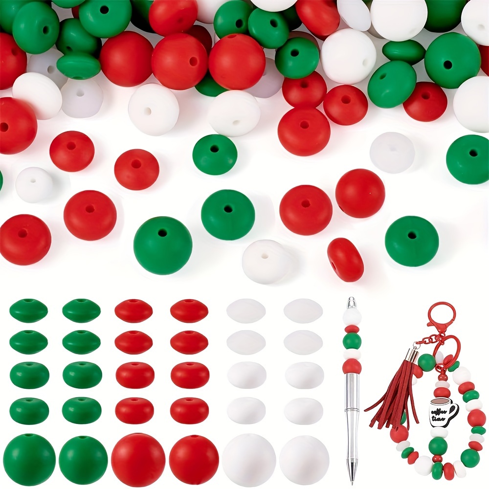 

90pcs Christmas 3 Color Silicone Beads Flat Round Silicone Loose Beads For Diy Beaded Pen Keychain Christmas Handmade Beading Accessories