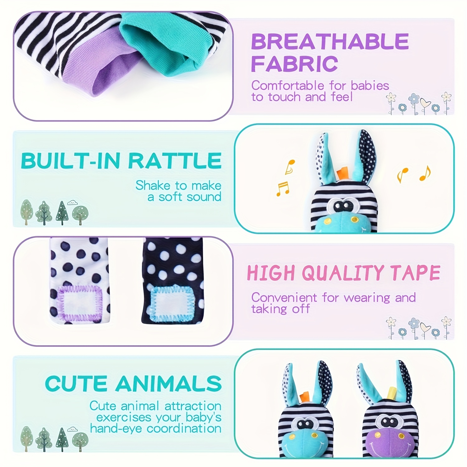 4pcs Baby Wrist Rattles Foot Finder Toys Set, Toddler Rattle Sock, Arm Hand Bracelet, Feet Leg Ankle Socks, Gift for Newborn Infant Babies Boy Girl Bebe