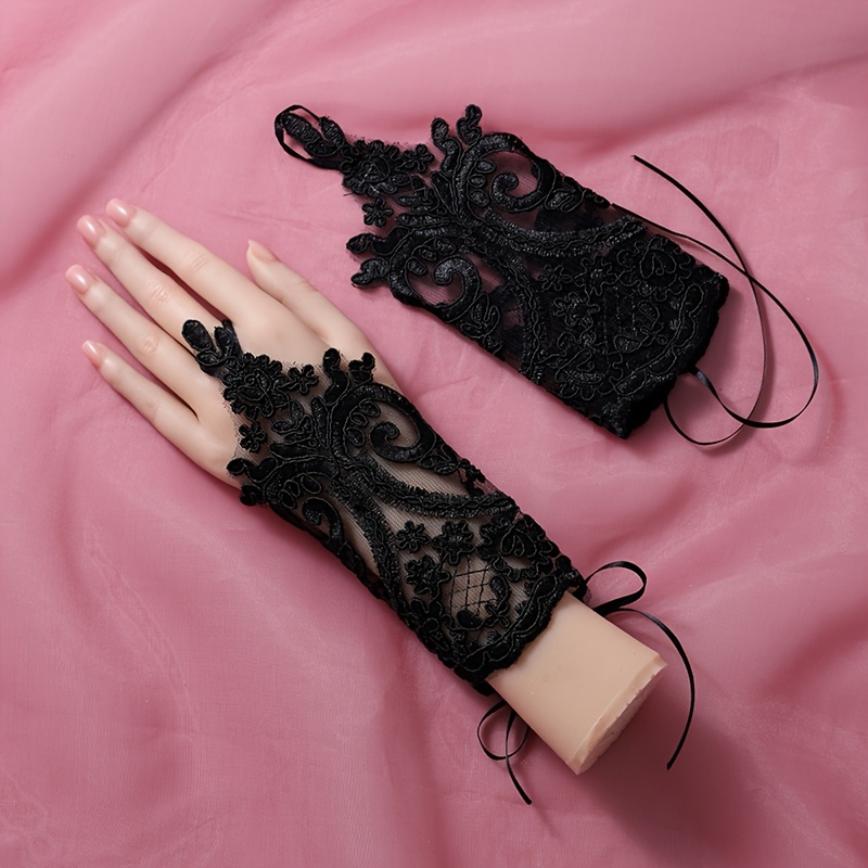 

Elegant Black Lace Fingerless Gloves For Women, Polyester Non-stretch Wedding Bridal Party Accessories, Decorative Woven Solid Color