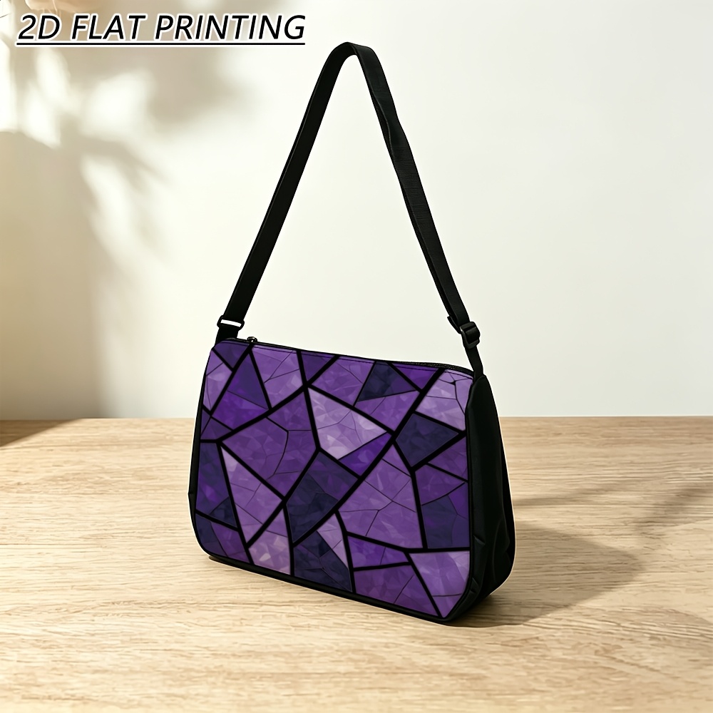 TEMU 1pc 2d Printed Women's Crossbody Bag, Purple Geometric Mosaic Pattern, Adjustable Shoulder Strap With Zipper, Women's And Men's Crossbody Bags,