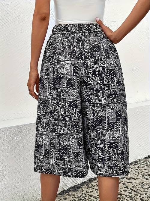 womens plus size elegant all a line skort high waist loose fit black white pattern polyester blend machine washable spring summer or casual casual wear relaxed fit glossy fabric
