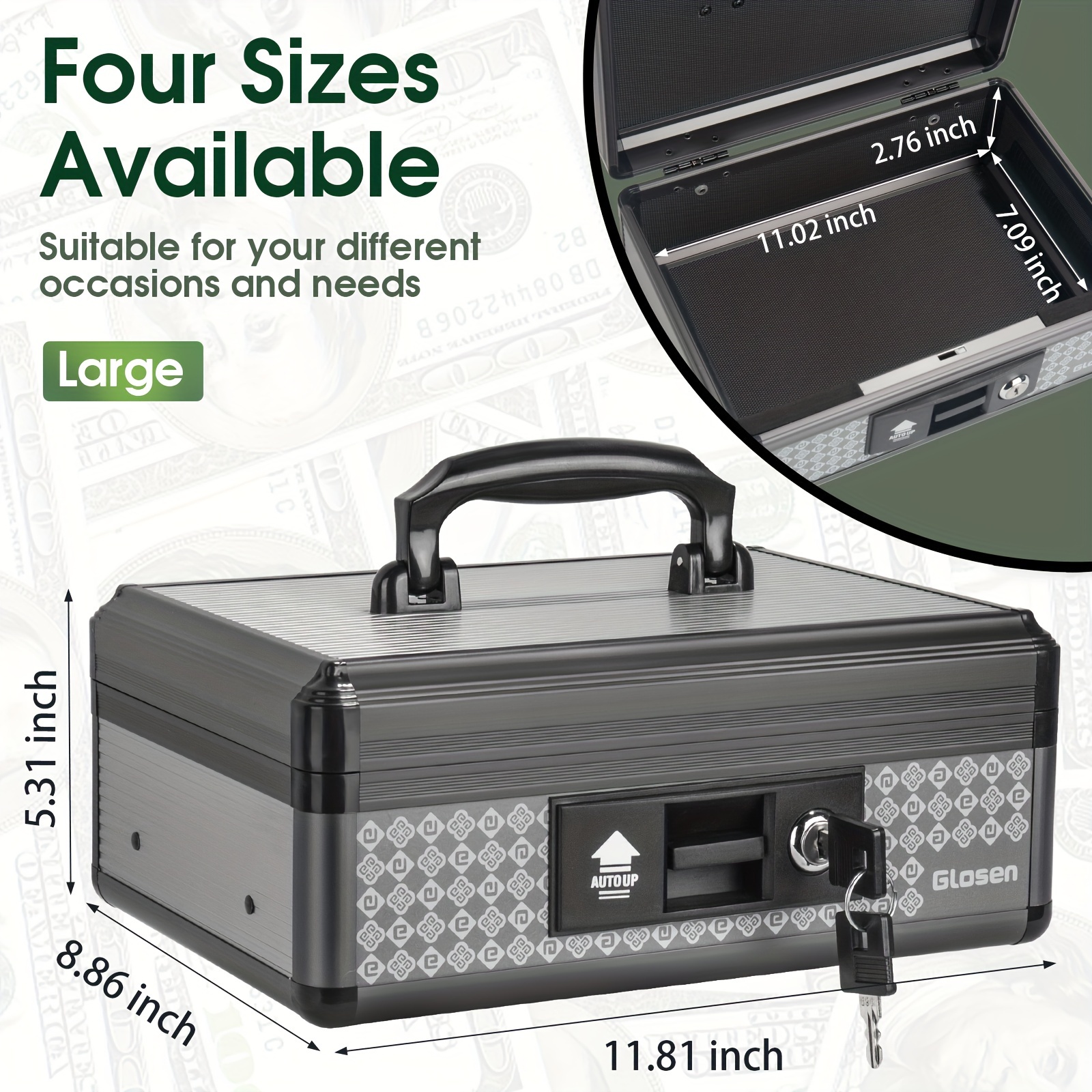 TEMU Large Capacity Double-layer Cash Box, Portable Aluminum Alloy Safe With Handle, Lock And , Vault, Black, Easy To Conceal.