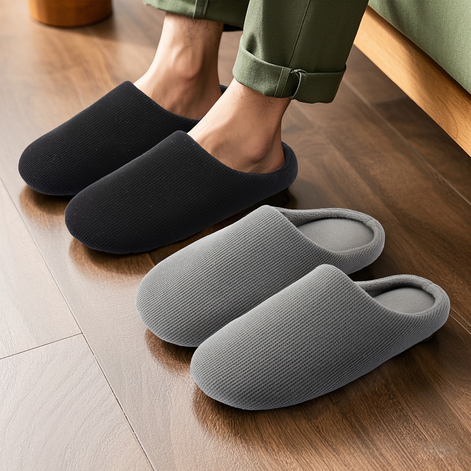 Men\'s Dark Grey Slippers Breathable Slip-on Indoor Slippers Washable Home Shoes Amazon.com | WALKFUN Adjustable House Slippers for Men Open  main image 2