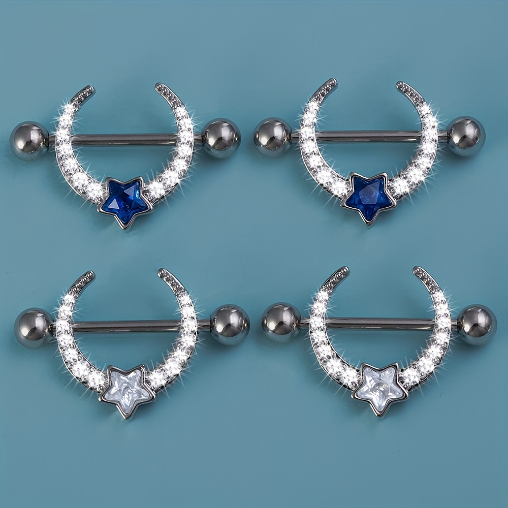 Image of 2/4pcs Moon And Star Shape Body Piercing Barbell Rings Synthetic Zirconia Piercing Jewelry For Women Men