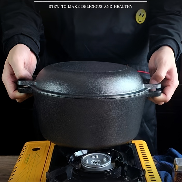 1pc cast iron dutch oven pot 26cm round thick   dual purpose frying stew casserole with double handles for induction cooktop details 1