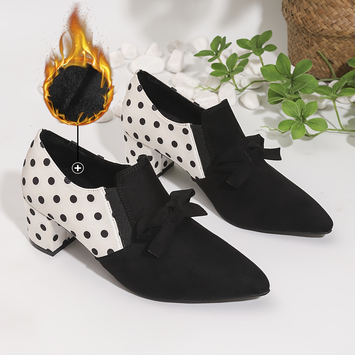 

Polka Dot Heels – Anti-puncture, Bow Decor, Winter-ready, Pointed Toe, Chunky Heel, Comfortable From Huizhou – Fabric Upper, , Warm And Cozy Lining