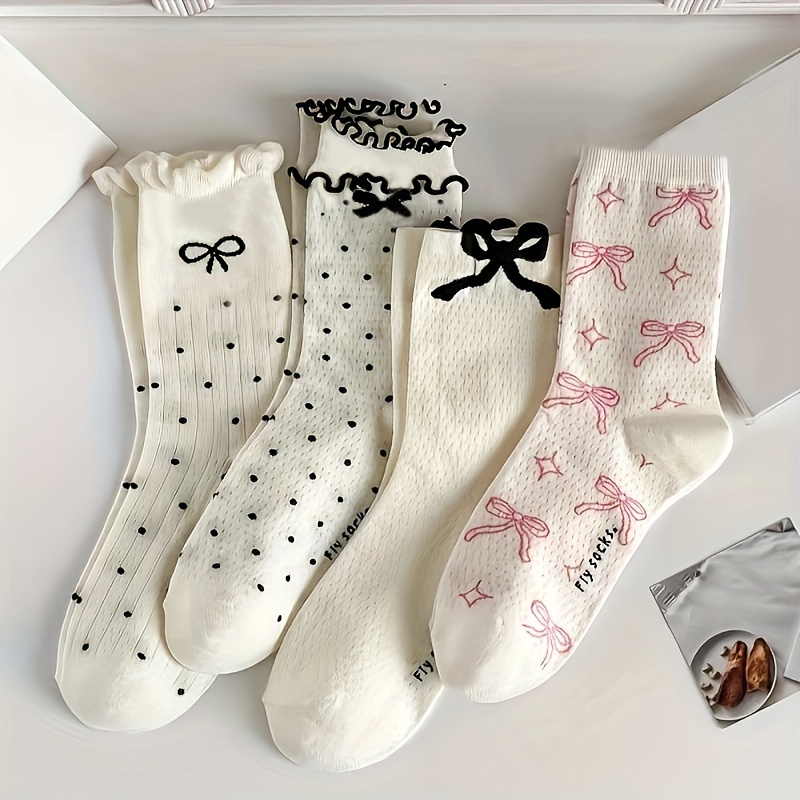 

4 Pairs Bow Frilled Socks, Cute & Sweet Breathable Mid Tube Socks, Women's Stockings & Hosiery For Fall