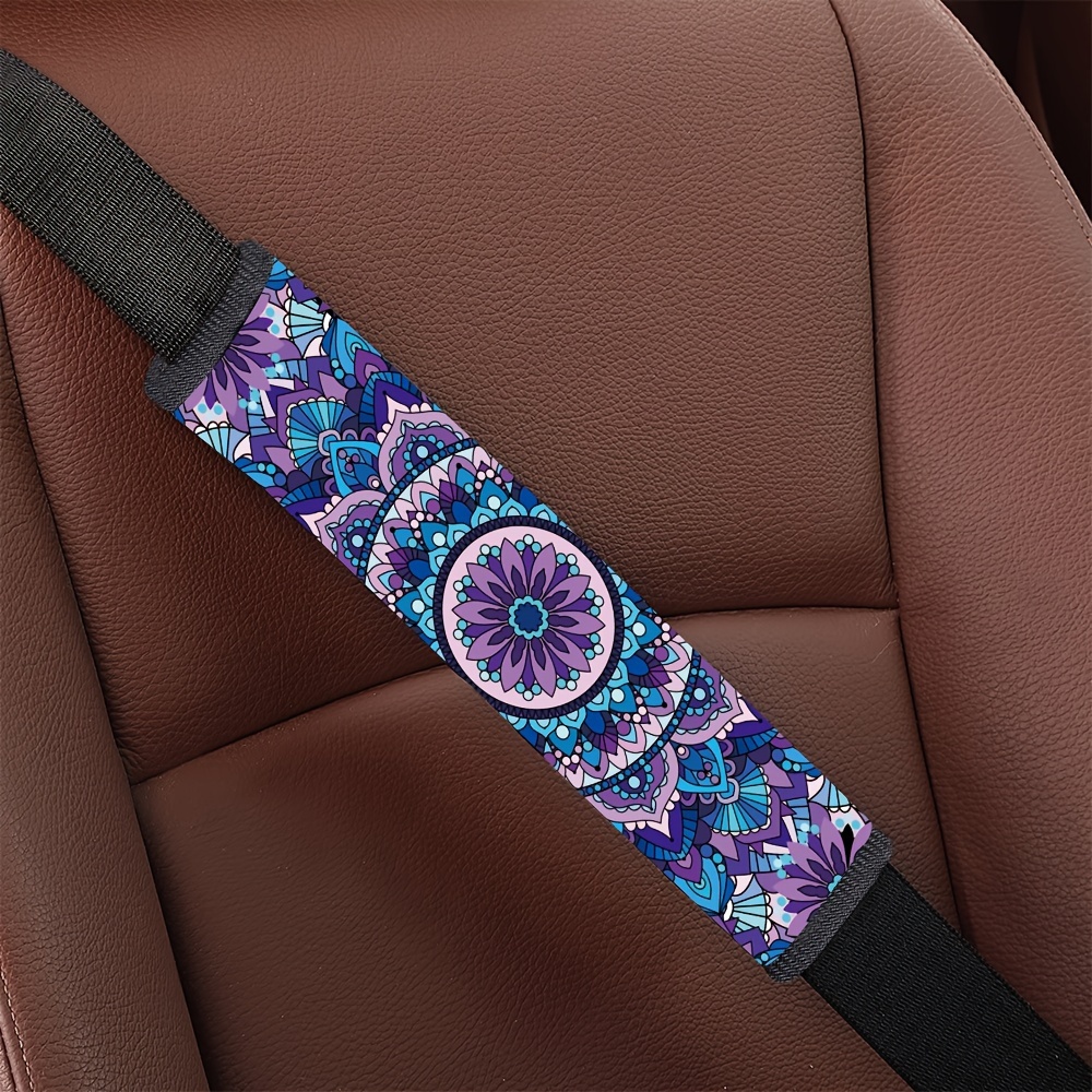 

1pc Purple And Blue Flower Print Car Seat Belt Cover Car Interior Decoration