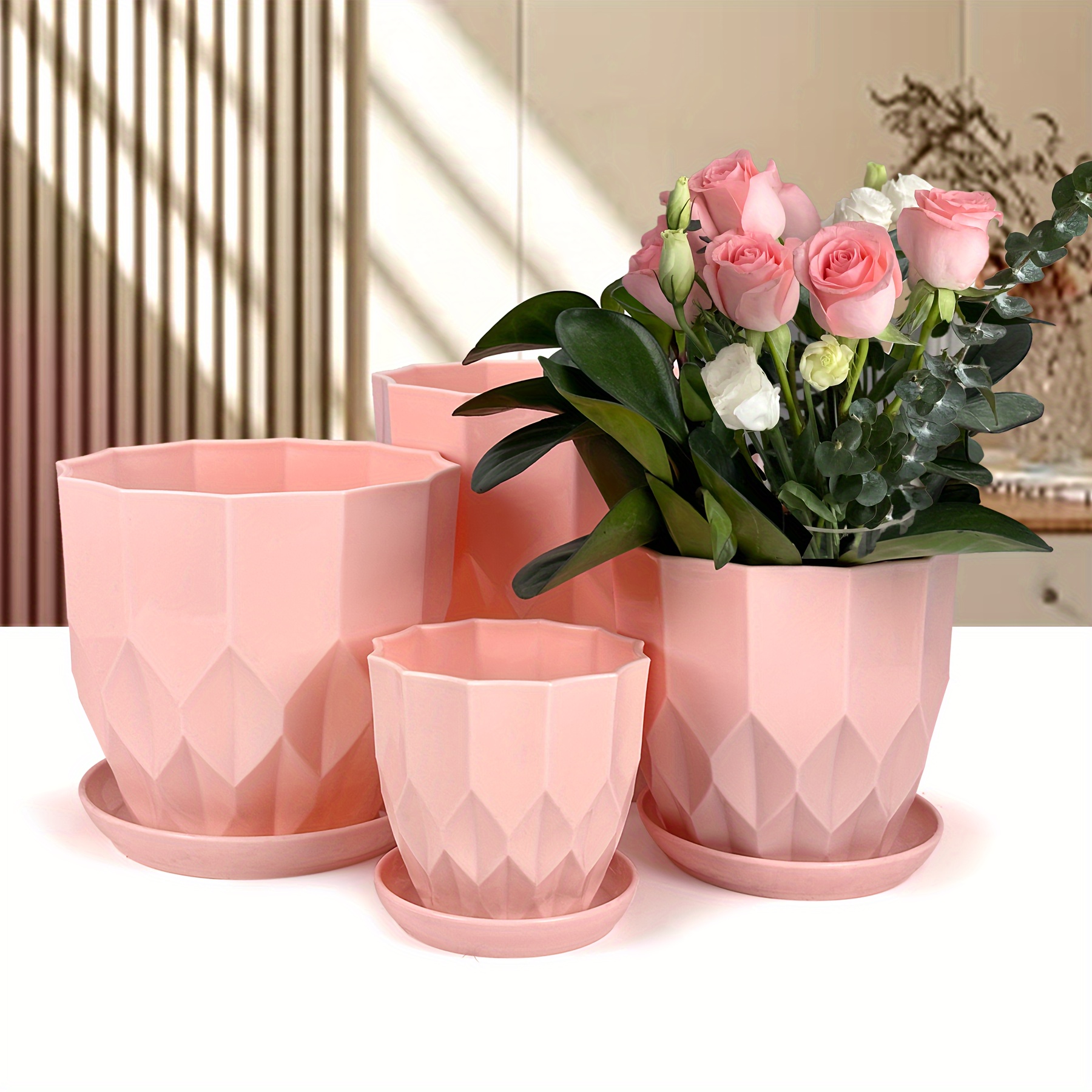 

Plant Flowerpot, 4 Pcs, 8.3/7.1/5.9/4.3inch Fashionable Diamond Shaped Texture Plastic Flowerpot, Thickened And Durable, Equipped With Drainage Device And Disc, Suitable For Indoor And Outdoor Use