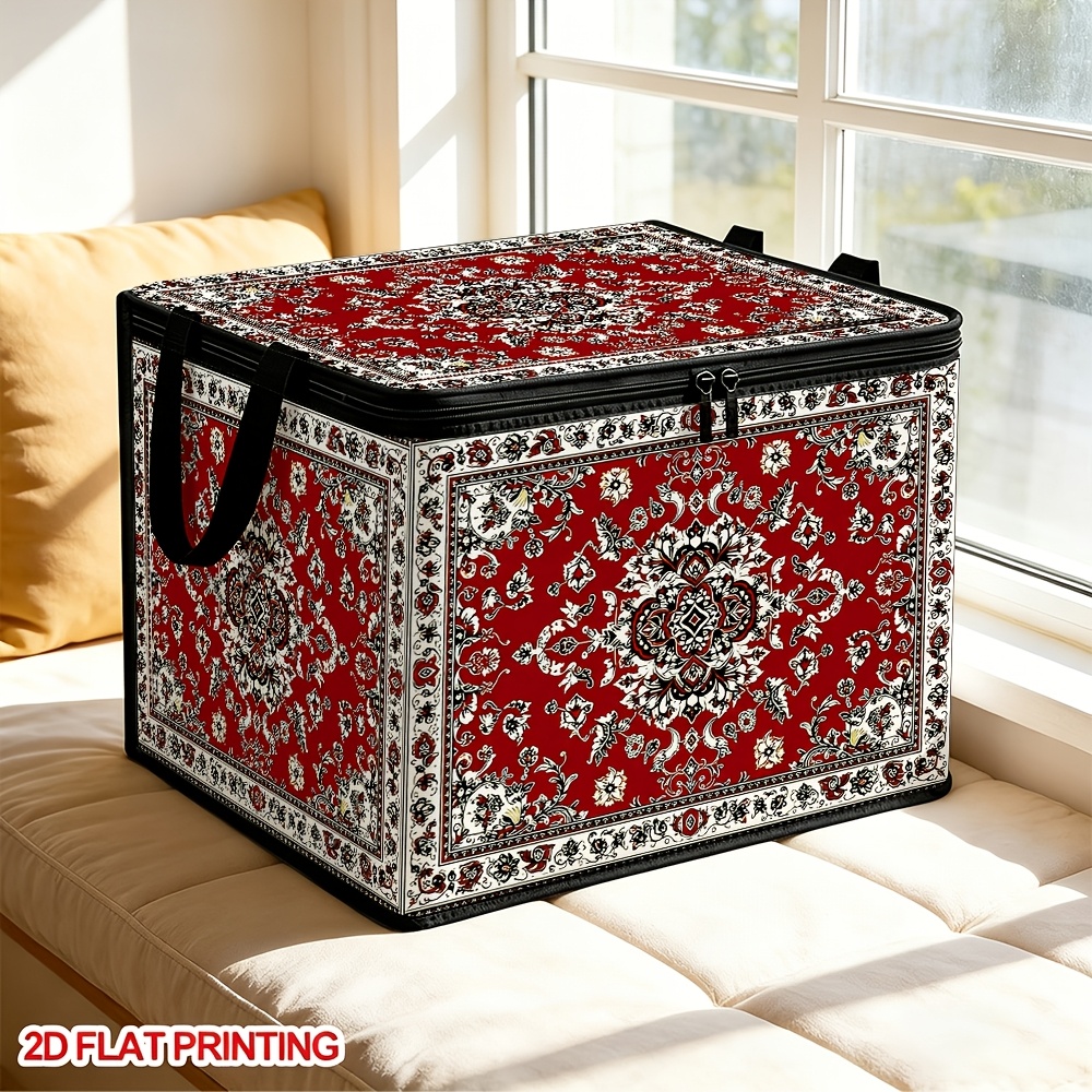 TEMU 1 Boîte de rangement pour tapis persan avec couvercle à charnière - Panier rectangulaire décoratif à pour tapis vintage, Organisateur à imprimé