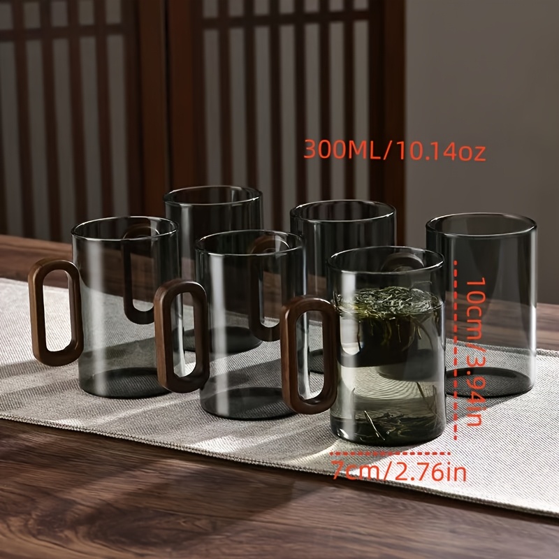 TEMU 6 stuks Transparante Glazen Bekers met Houten Handvat - Gemaakt van Borosilicaat Materiaal, Hittebestendig en Koudebestendig - Herbruikbaar -