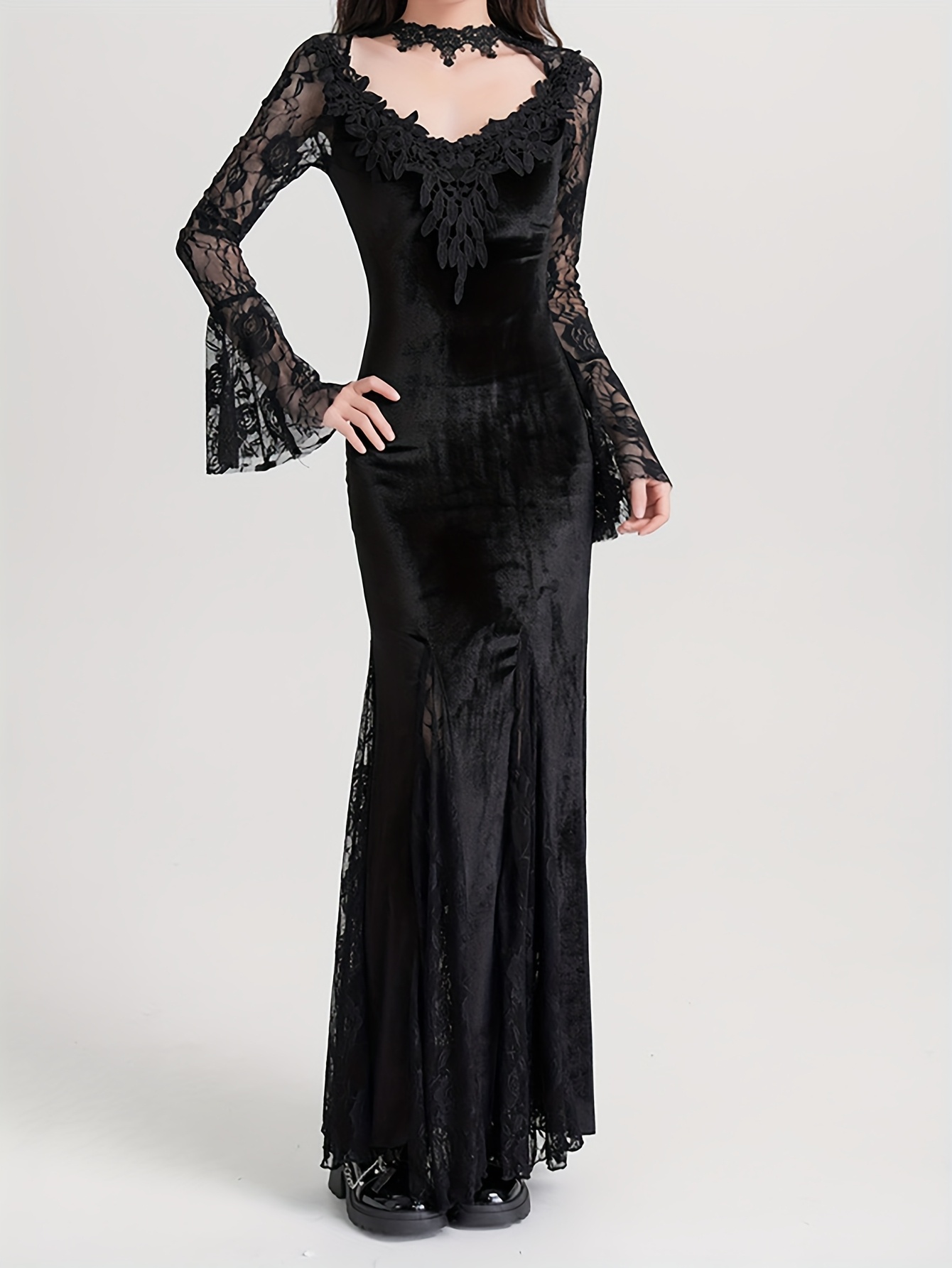 strapless open back dress Black A Line Long Sleeve Half High Neck Lace Patchwork Maxi Prom Dress, Black / L main image 1