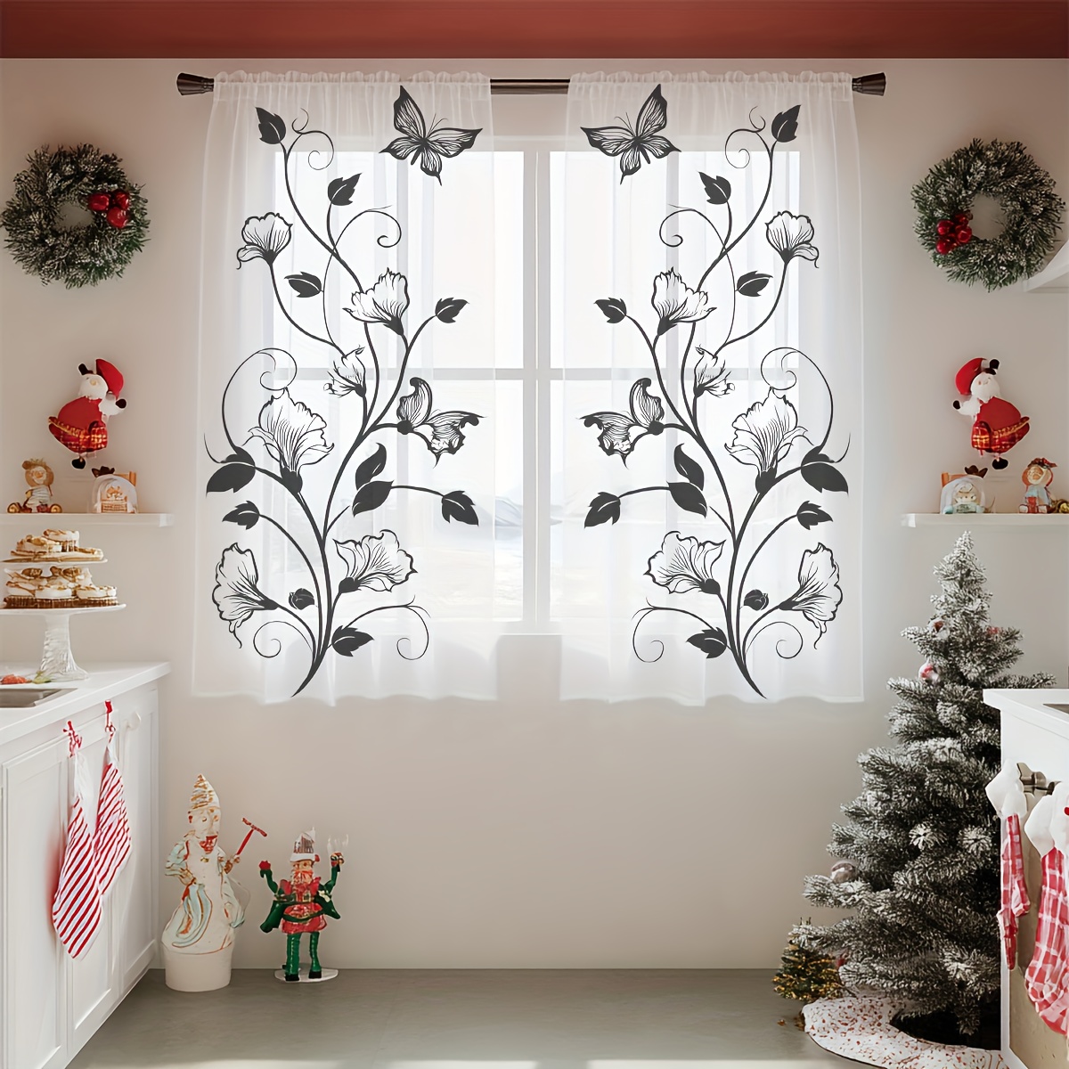 E-shop 2 Stück Halbtransparente Vorhänge mit Schwarz-Weißem Blumen-Schmetterlingsdruck – 100% Polyester Chiffon, Stangen--Vorhang, Maschinenwaschbarer