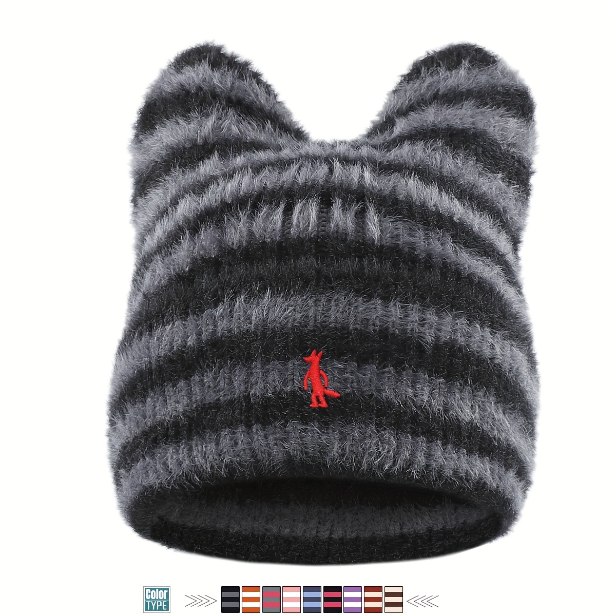 TEMU Outdoor Leisure Fluffy Winter Hat, Christmas Gift For Women, "cartoon Fox" Embroidered Hat, Unisex Autumn/winter Warm Brimless Beanie, Thick