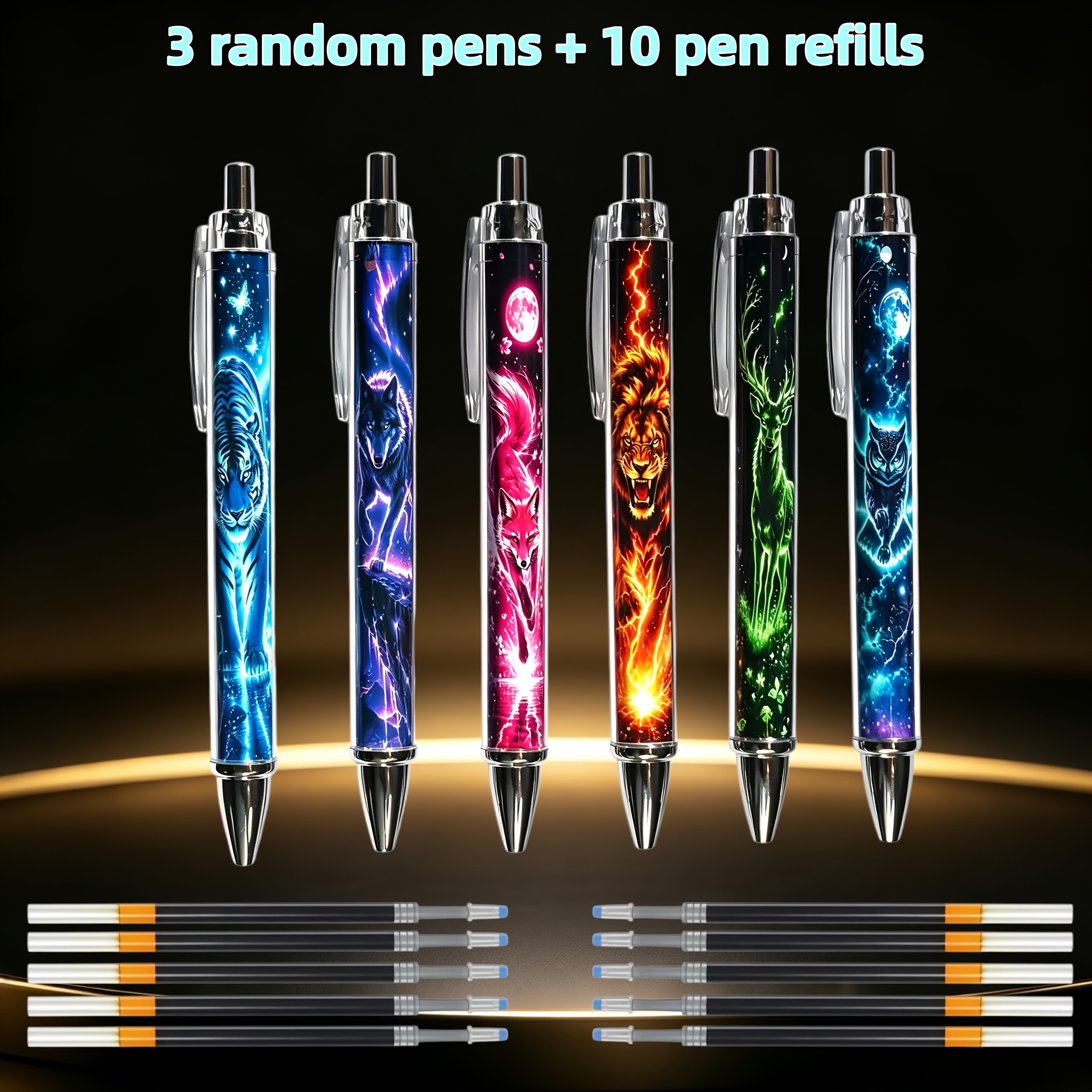 TEMU 13-delige Exclusieve Neon Sterrenbeest Klik Pen Set, Willekeurige 3 stuks Pennen met 10 stuks Vullingen, Coole Beest Print Naadloos Geïntegreerd