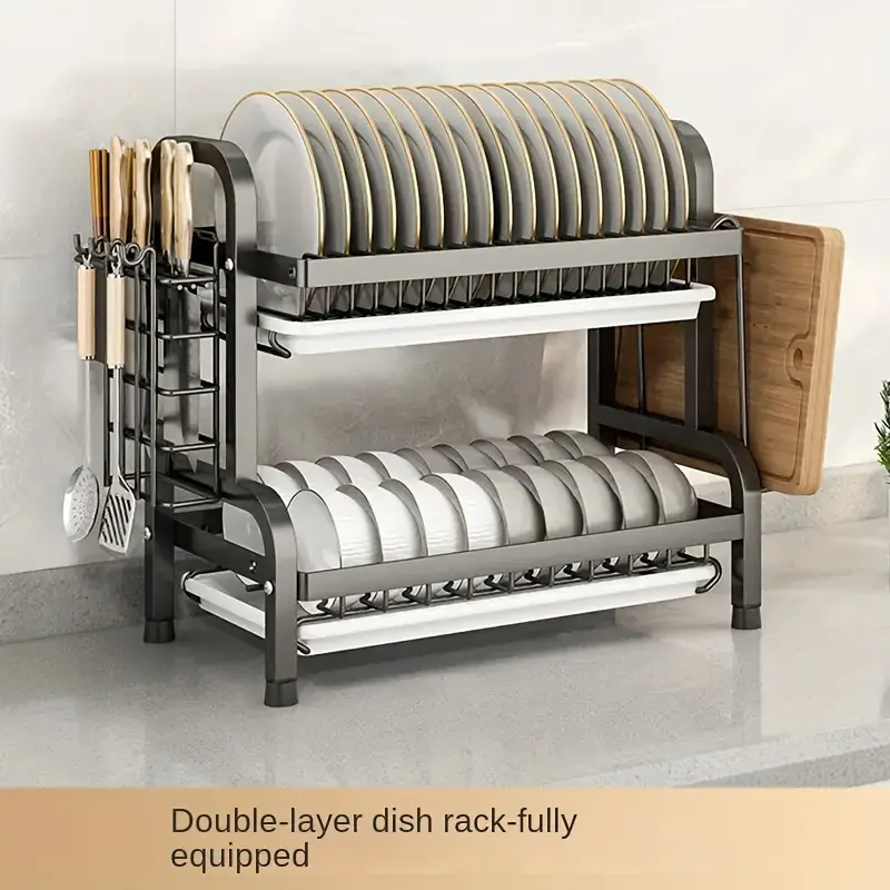 1 tier stainless steel kitchen dish rack with utensil organizer space saving countertop storage for plates bowls cutlery bonus dishes resistant design 2 tiers suitable modern kitch Product details 3