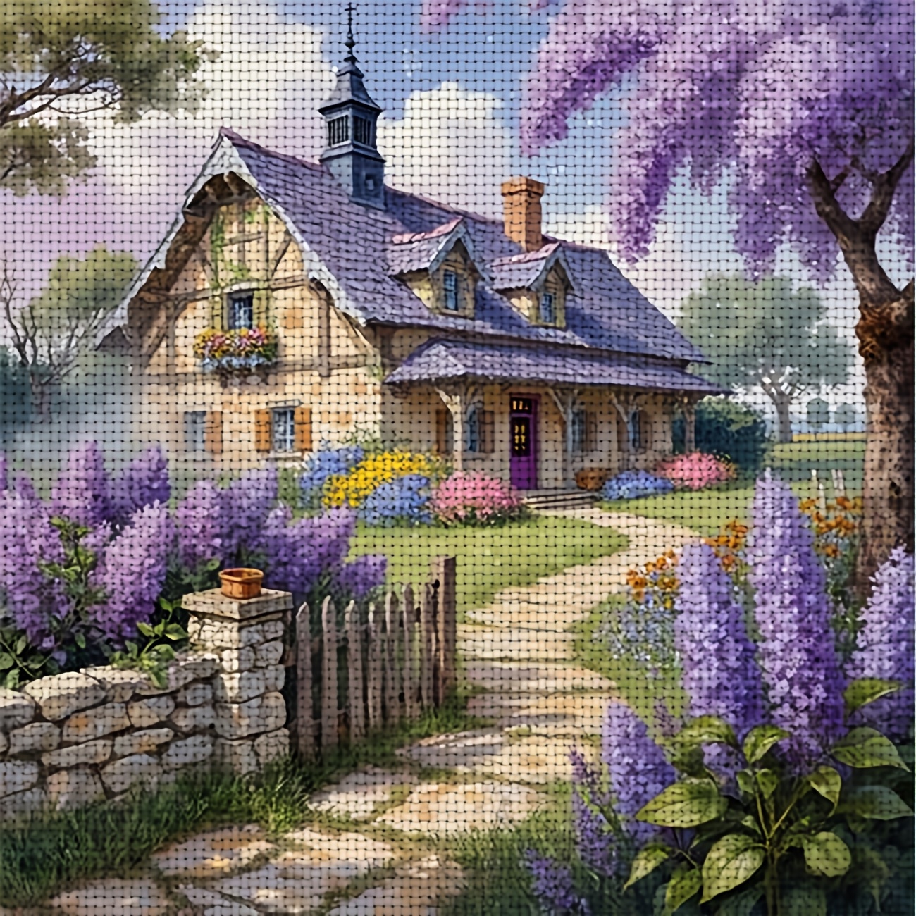 TEMU 1pc Cross Stitch Kit | " Cottage Surrounded By Blossoms" Pattern, Ideal For Beginners, Includes Printed Canvas, Needles, Pattern, And