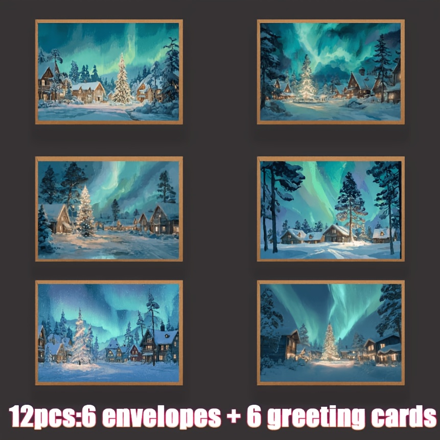 TEMU 1 Set/12pcs Christmas Greeting Cards - Aurora, Snow Scene, Cabin, Christmas Tree, Forest Cards With Envelopes, 6 , Greeting Card Set, Gift
