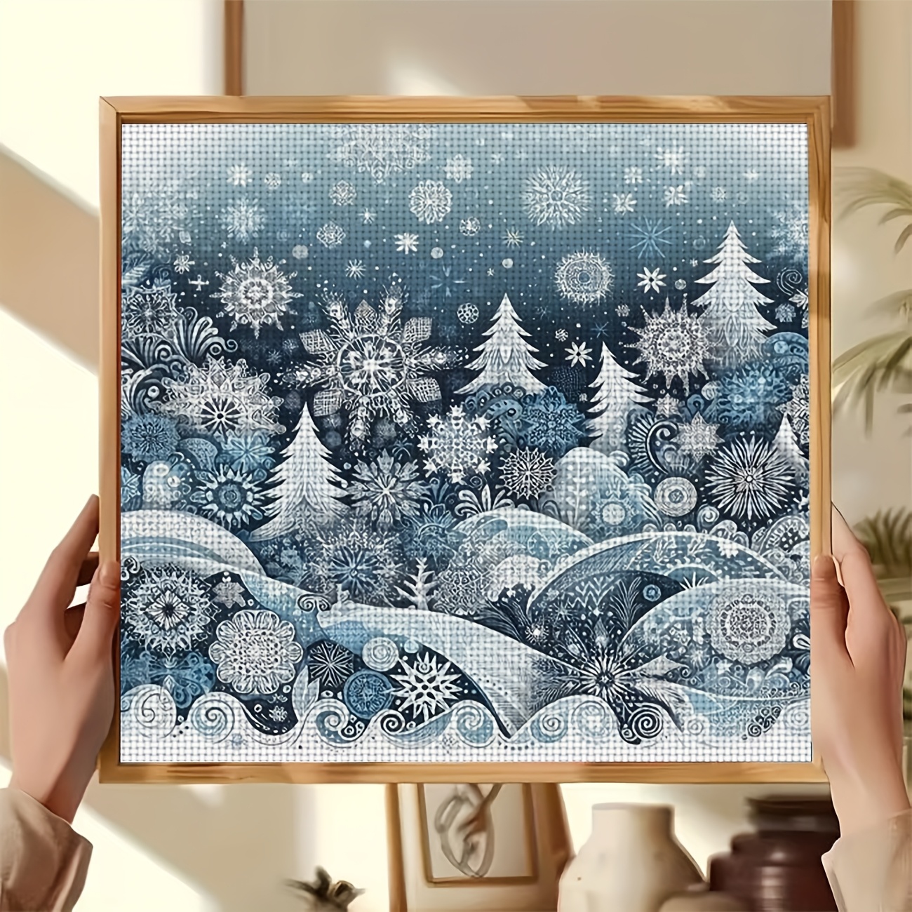 TEMU 1pc Printed Cross Stitch Kit | "snowy Scene With Snowflakes" Pattern, Ideal For Beginners, Includes Canvas, Thread, Pattern, And Instructions,