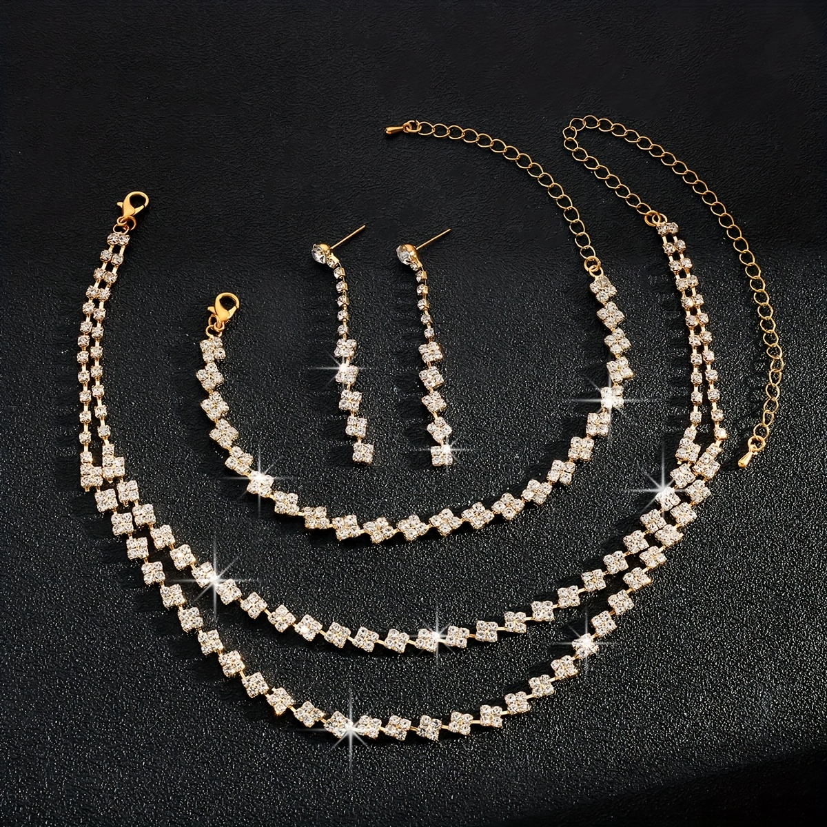 Sparkling Rhinestone Double Layer Necklace and Earrings Set for Bride