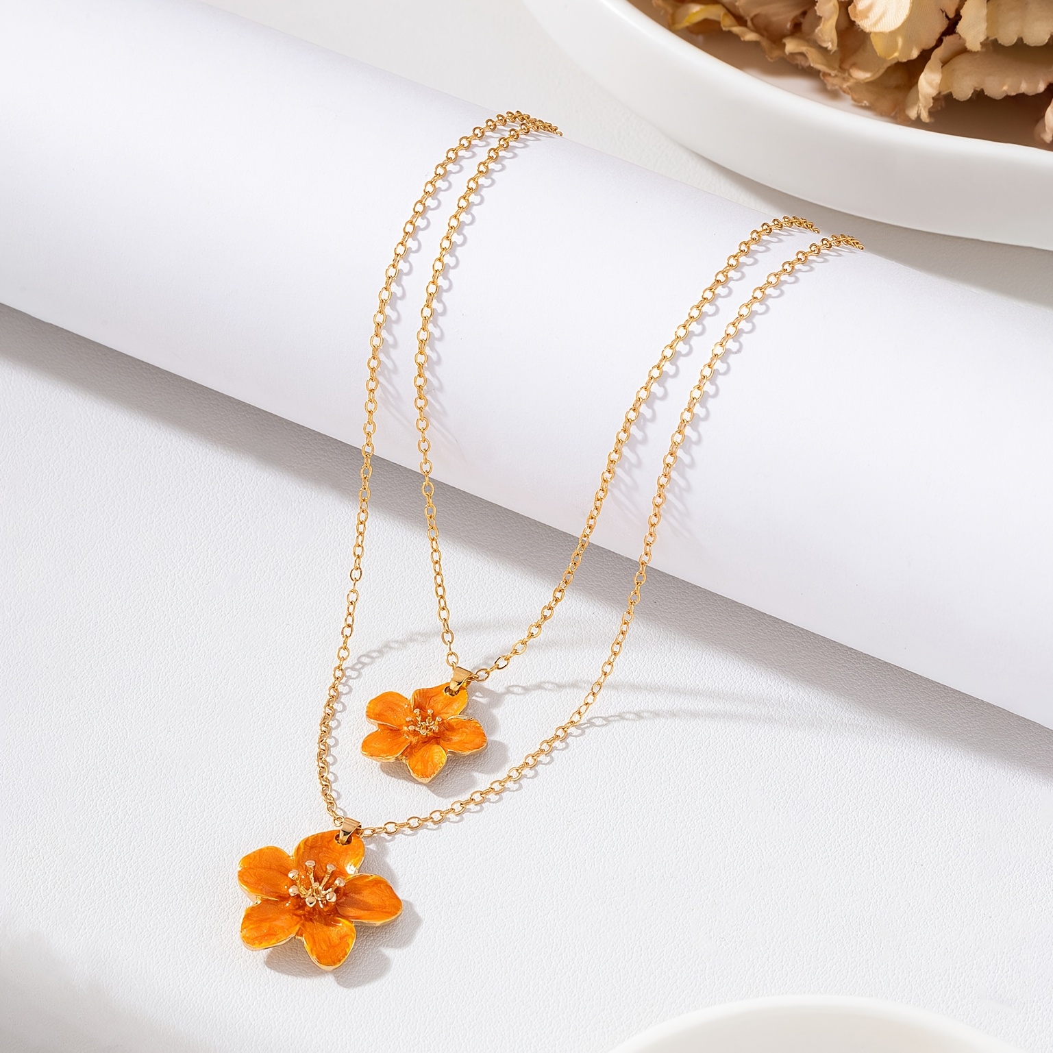 Women's Handmade Orange Enamel Egg Flower Pendant Necklace