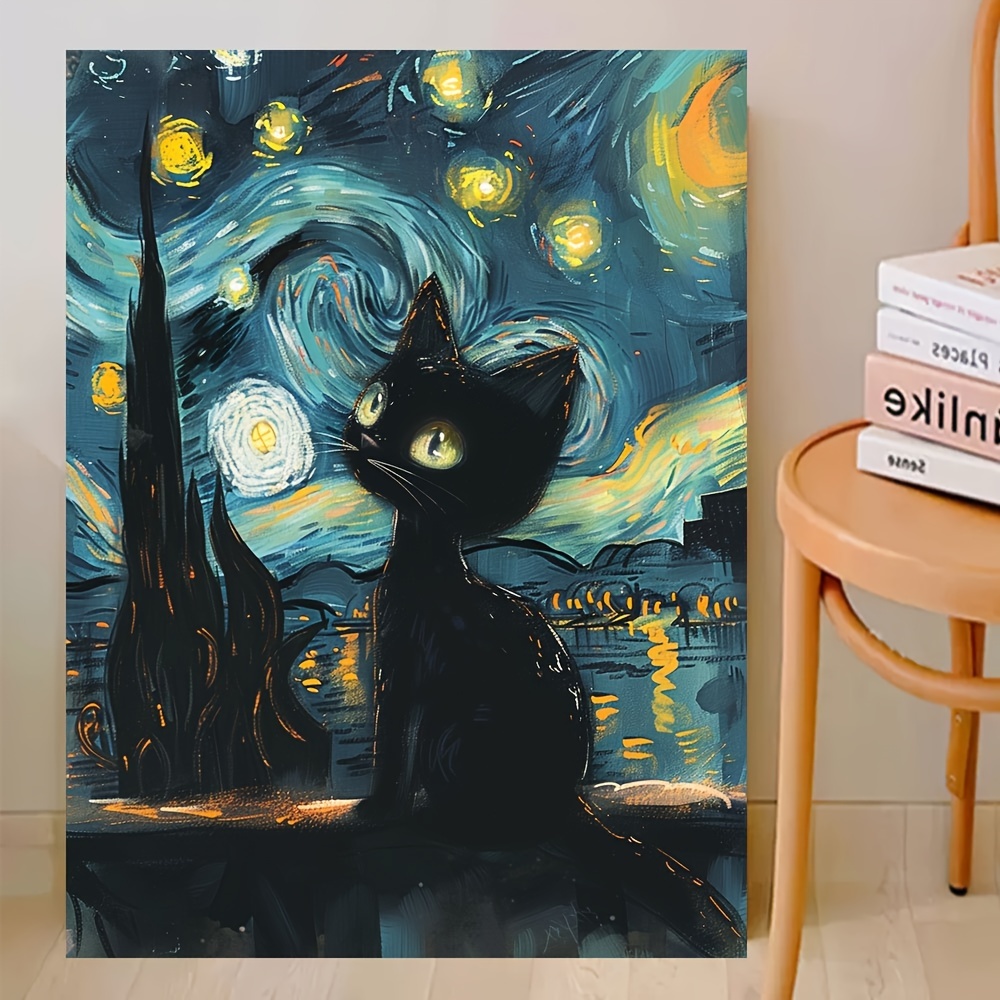 Black Cat Paint By Numbers Kit - Starry Night Theme 16x20 Inch Canvas Art