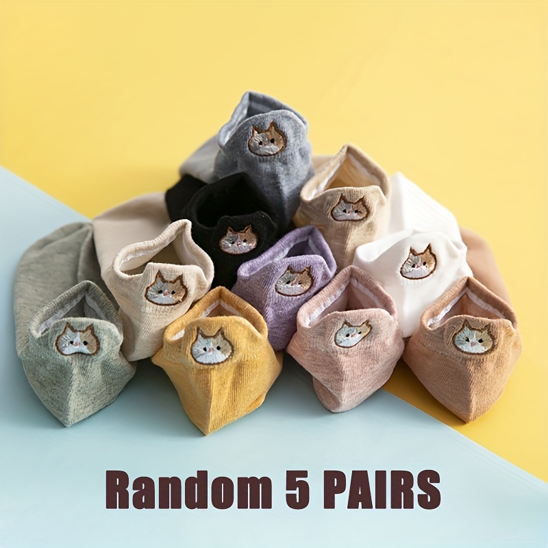 E-shop 5/8 Paar Damen-Kurzsocken mit niedlicher Katzenstickerei an der Ferse, weiche Unsichtbare Socken für Frühling Sommer