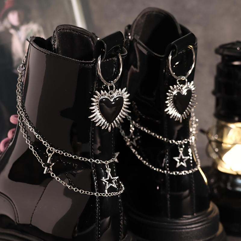 

Gothic Punk Style Shoe Charms Set With Removable Chains, & Pendants - Copper Alloy, Hollow Detail, Design - Fashionable Diy Footwear Accessory For (set Of 4)