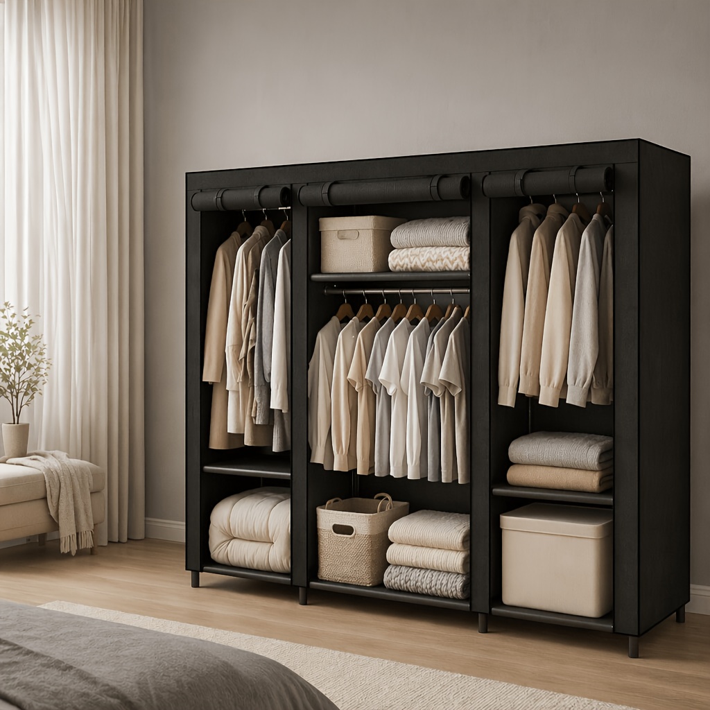 TEMU 59 Inch Portable Clothes Wardrobe, Large Capacity Freestanding Clothing Storage Organizer With Zipper Dust Cover, Stable Frame & Easy To