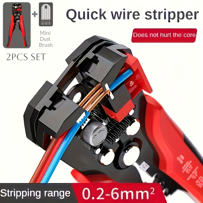 TEMU 2pcs Set (1pc Wire Stripper And 1pc Mini Dust Brush) Professional Heavy-duty Automatic Wire Stripper, Stripping Range 24 Awg (0.26-6.0mm²), Fast