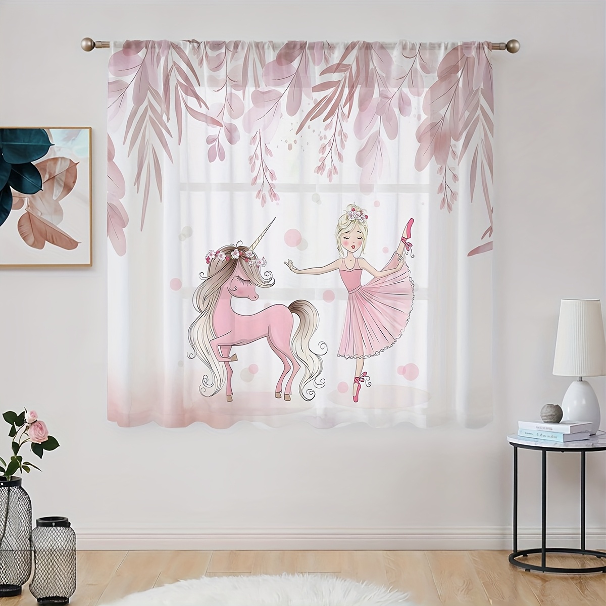TEMU 1pc, Natural Art Sheer Curtain, Cartoon Pink Pony With Cute Dancing Design, Premium Tulle Fabric, Light-filtering Privacy Protection, Home Decor