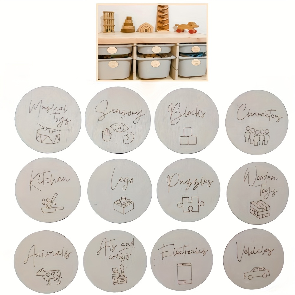 Image of Wooden Toy Box Labels - Round Drawer Signs For Nursery & Playroom Organization, Yellow, Storage Tags, Decor, Round Shape For Halloween And Christmas