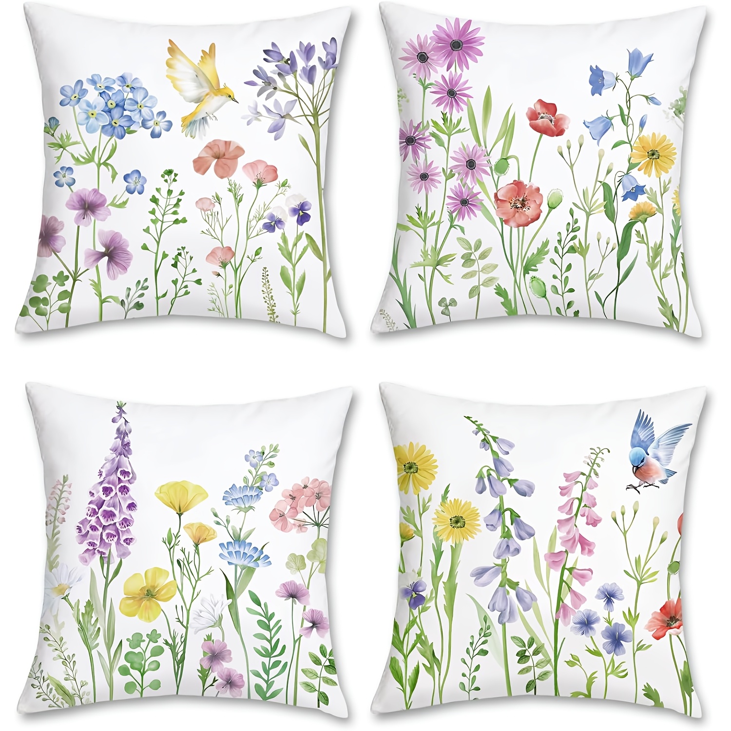 

Spring Floral Pillow Casegarden Flower Bird Decoration Velvet Outdoor Sofa Mattress Cover Home Decor Set Of 4pcs