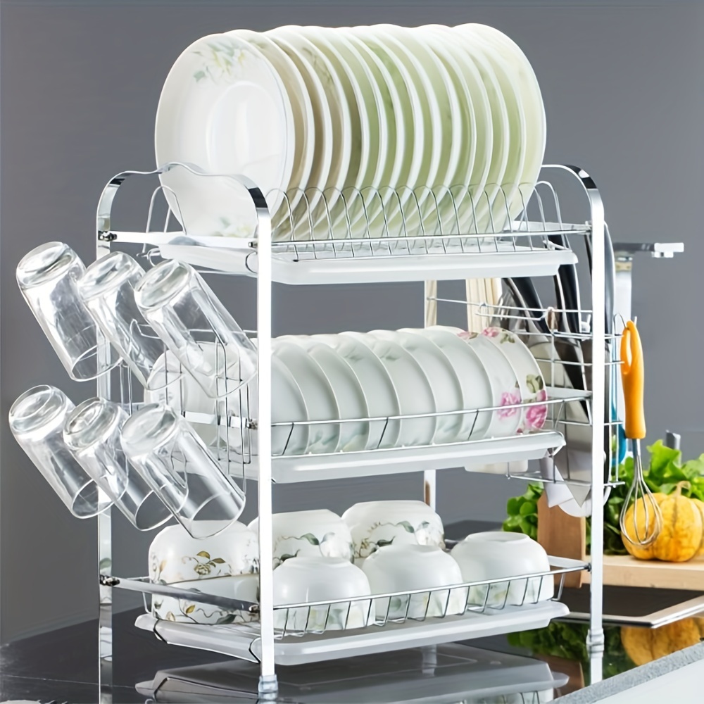 TEMU 3-layer Dish Rack, With Plastic Drip Tray, Chrome-plated Dish Rack, Sink Dish Drying Rack With Utensil Holder, Portable Dish Drying Rack,