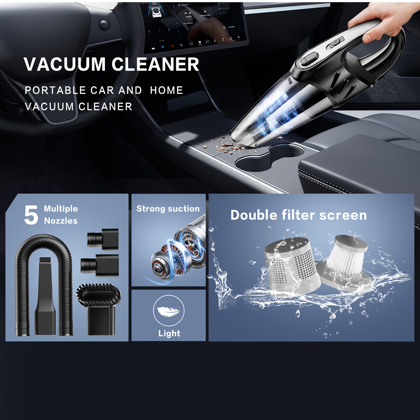 Car Vacuum Cleaner, 6000PA, Super Strong Suction, Handheld Vacuum, 2000mAh Large Capacity, Low Noise, Includes 5 Accessories, Car Accessories, for Car Interior Cleaning, Household Vacuum, Pet Cleaning, Women's Car Accessories, Car Gift
