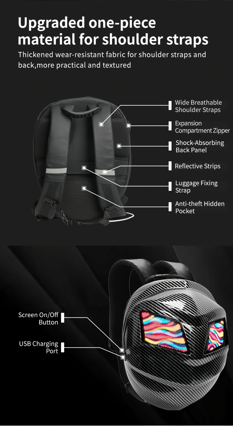 Sac à Dos Intelligent LOY Black Knight en Fibre de Carbone avec Double Écran à Motif Oculaire Personnalisable, Contrôle Sans Fil, Grande Capacité pour Cyclisme en Extérieur